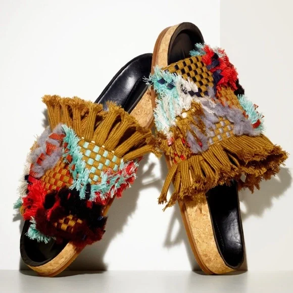 Chloe Kerenn Woven Leather Fringe Sandal Slide - Picture 1 of 11